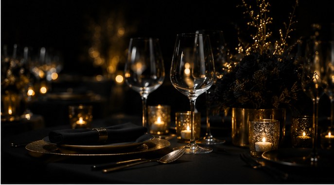 Elegante dinertafel met goud en kaarslicht