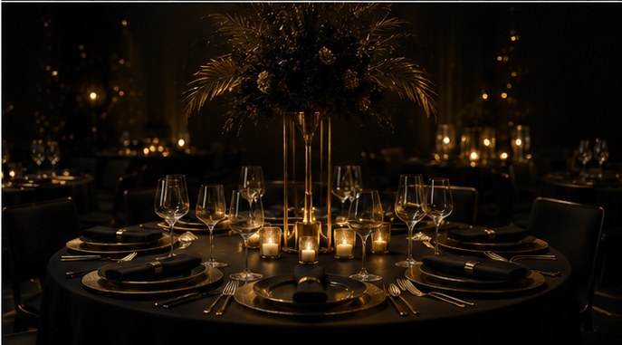 Diner setup met hoog bloemstuk en kaarsen